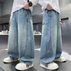 Jeans de Pierna Ancha Sueltos de Otoño para Niños Medianos y Grandes Marca de Diseño de Moda Pantalones Largos Rectos Pantalones Casuales Azul Claro Otoño