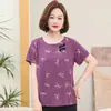 Camisa Mãe de Algodão e Seda de Verão para Mulheres, Pulôver Casual Solto Plus Size, Blusa Fina de Manga Curta de Algodão Artificial para Meia-Idade e Idosos