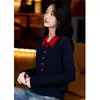 Polo de Punto de Lana con Bloques de Color de Manga Larga para Mujer 2026 Otoño e Invierno Nuevo Diseño Nicho Holgado Adelgazante Top