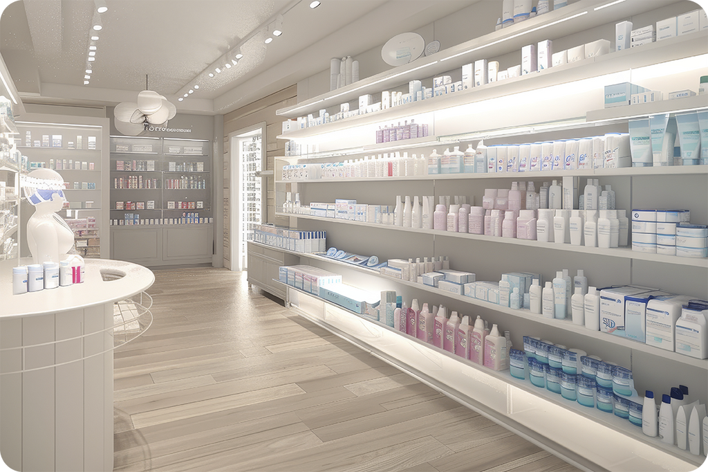 Prateleiras de loja com cosméticos importados da China, destacando produtos sujeitos a registro, rotulagem e requisitos da ANVISA para comercialização no Brasil.