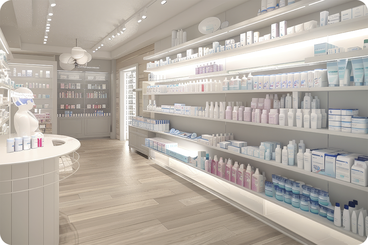 Prateleiras de loja com cosméticos importados da China, destacando produtos sujeitos a registro, rotulagem e requisitos da ANVISA para comercialização no Brasil.