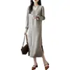 Otoño e Invierno Nuevo Vestido de Lana 100% para Mujer Cuello en V Falda Interior hasta la Rodilla Diseño con Abertura Base de Suéter