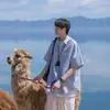Camisa de Rayas de Manga Corta para Hombre, Camisa de Seda de Hielo de Verano Estilo Cityboy Japonés, Sensación de Alta Gama, Top de Talla Grande para Adolescentes
