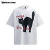 Camiseta de Manga Corta American Retro Fun Fried Cat Verano para Hombre y Mujer Moda Nacional Estilo Holgado Perezoso Pareja Top de Media Manga T