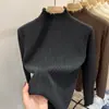 Suéter de punto con cuello medio alto y borde de volantes para mujer, color liso, primavera y otoño, top único de manga larga ajustado