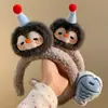 Diadema de Felpa con Diseño de Pingüino y Pez de Dibujos Animados para Mujer, Diadema de Estilo High-Top Linda y Divertida para Lavarse la Cara, Pasador para Tomar Fotos