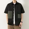 Camisa única de retazos para hombre, camisa de verano de manga corta, camisa versátil de estilo Hong Kong, holgada, para jóvenes, color negro