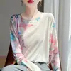 Nueva Colección Primavera-Verano 2026 Camiseta de Punto con Mangas Largas, Cuello Redondo, Holgada, Pintada, con Protección Solar, Estampado Artístico para Mujer