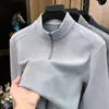 Camiseta Masculina de Manga Longa de Outono de Alta Qualidade com Gola Alta e Meio Zíper com Lã e Seda Camisa Base para Homem Elegante de Negócios