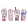 Taza con Popote de Dibujos Animados Pony Polly Unicornio Doble Capa Engrosada Resistente a Caídas de Plástico Taza de Agua de Verano de Alto Valor para Café