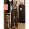 Calça Xadrez Vintage para Mulheres, Novo Estilo Primavera e Outono 2025, Tamanho Grande, Emagrecedora, Solta, Casual, Perna Larga, Comprimento Total