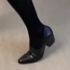 Primer Encuentro Temporada Estilo Retro Británico Mocasines de Piel para Mujer, Zapatos de Tacón Alto sin Cordones para el Trabajo, Zapatos Planos de Punta Aguda con Tacón Grueso