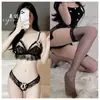Hermoso y Atractivo Conjunto de Lencería Erótica Sexy de Encaje de Tres Puntos con Encantador Diseño de Perlas de Entrepierna Abierta para Bustos Pequeños, No Necesita Quitarse