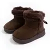 Botas de neve retrô infantis com acabamento de pelúcia, forro espesso, botas de algodão para meninos e meninas, sapatos quentes de algodão de sola grossa para o inverno