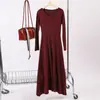 Vestido de malha veludo Andy elegante e sofisticado, gola redonda, manga longa, cor sólida, cintura alta, emagrecedor, longo, para mulheres no inverno