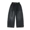 Jeans de pierna ancha curvados de color oscuro para niños con diseño de línea de primavera y otoño, cintura elástica elegante, corte holgado, pantalones largos modernos para niños mayores