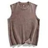 Enbu Algodão Puro Peso Pesado Par Tendência Retrô Lavado Casual Solto Regata Sem Manga Camiseta Top com Gola Redonda