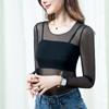 Camiseta de malla de otoño para mujer, ajustada, sexy, con encaje interior