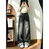 Chao Li tiene en stock pantalones vaqueros de retazos estilo lindo para mujer otoño cintura alta casual para ir al trabajo versátiles de pierna ancha largos