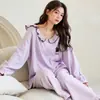Nuevo Conjunto de Pijama de Dos Capas de Algodón Nube con Cuello Redondo, Estilo Cárdigan, Manga Larga y Pantalón Largo para Mujer, Cómodo Conjunto para Estar en Casa