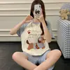 Pijama Estilo Coreano para Mujer, Nuevo Estilo de Verano, Estilo de Dibujos Animados Coreanos, Conjunto Casual de Algodón Peinado para el Hogar para Niñas y Estudiantes, Conjunto de Manga Corta