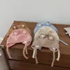 Gorro de lana para bebé de 1 a 3 años, estilo coreano, lindo gorro de punto con oso de dibujos animados, gorro cálido de invierno con protección para las orejas para niñas