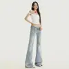 Jeans acampanados de estilo retro americano de color claro para mujer, nuevo estilo moderno con incrustaciones de encaje, de tiro bajo, corte ajustado y que favorecen la figura, estilo bootcut