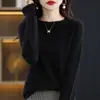 Suéter de punto para mujer, cuello redondo, manga larga, sin costuras, con dobladillo enrollado, perfecto como capa base, hecho de lana, estilo nuevo, en color verde claro