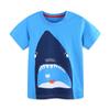 Nova camiseta infantil de verão para meninos, estilo europeu e americano, gola redonda, manga curta, malha de algodão, estampa de tubarão, moletom infantil
