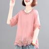 Roupas de Verão em Tamanhos Grandes que Cobrem o Corpo e Reduzem a Idade, Suéter Bordado Retrô e Estiloso, Camisetas de Algodão e Linho