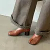 Sapatos de Couro Divididos na Ponta Femininos Salto Alto Grosso Outono Novo Estilo Couro Genuíno Moda Coreana Sapatos Baixos Femininos Sapatos Baixos de Pata de Porco