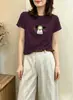 Camiseta de algodão canelado estampada 220g para mulheres, top de manga curta slim fit, exclusivo da segunda remessa de verão para as Treze Fábricas de Guangzhou