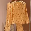 Pijama de mono con estrella amarilla para mujer, estilo primavera y otoño, cuello camisero dulce, manga larga, conjunto de ropa de estar de algodón de doble capa para estudiantes