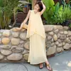 Vestido amarelo sem mangas de alça extremamente bonito, novo 2026 verão férias na praia novo vestido longo estilo chinês, roupa de maternidade