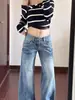 Jeans azules de pierna ancha estilo americano para mujer, nuevo modelo de verano, de tiro bajo, corte holgado, adelgazantes, pantalones ligeramente acampanados para chicas petite