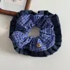 Scrunchie Xadrez Estilo Acadêmico Retro Coreano com Contraste Plissado, Elástico de Cabelo Fashion, Acessório de Cabelo de Tecido Vintage Azul para Mulheres