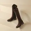Novas botas de cavaleiro britânico salto médio grosso emagrecedoras botas altas para meninas gordinhas botas grandes 33-43 botas de comércio exterior