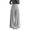 Calça Feminina Wide-Leg de Malha Macia com Detalhe de Flor de Madeira e Orelha Estilo Coreano Nova Coleção Primavera/Outono 2026 Cintura Alta Afinando Casual