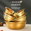 Bacia Multifuncional de Aço Inoxidável Dourado para Lavar Legumes, Lavar Arroz, Escorrer Água, Bater Ovos e como Cesta de Frutas Doméstica
