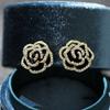 Aretes Retro Clásicos de Sol y Nube con Goteo de Aceite Negro Flor de Diamante Dorados Clip para Oreja