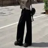Foto real de calças cinzas estilo americano de cintura dupla e perna larga da Série Cinza para mulheres 2026, calças esportivas cinzas casuais soltas de cintura alta com caimento reto