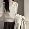 Suéter Pulóver de Punto Suave y Esponjoso Estilo Coreano Color Albaricoque con Cuello en V para Mujer Ropa de Otoño/Invierno Top Base Delgado y Favorecedor
