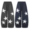 Pantalones de chándal grises oscuros con parche de estrella para hombre, cintura elástica con cordón, se pueden doblar los tobillos, estilo callejero americano, pantalones largos anchos holgados para hombres y mujeres