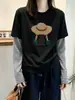 Camiseta de Manga Larga con Parches Rayados Falso Dos Piezas para Mujer Otoño Holgada Estilo Coreano Sentido del Diseño Nicho Capa Interior Capa Base Superior