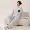 Algodón PuroPijama de Manga Larga para Hombre Primavera y Otoño Holgado Talla Grande Casual Se Puede Usar Fuera de Casa Ropa para el Hogar Conjunto 100% Algodón