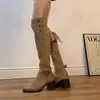 Botas largas para mujer 2026 otoño nuevo vintage de doble uso plegables tacón grueso caña alta Maillard apiladas botas vaqueras occidentales