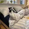 Funda de edredón a rayas y cuadros de algodón lavado, juego de cama de cuatro piezas, estilo sábana plana, estilo sábana ajustable, juego de tres piezas para dormitorio, estilo simple y minimalista