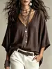Top de Algodón y Lino para Mujer, Holgado, Casual, de Manga Siete Puntos, Otoño, Versátil, Transfronterizo Europeo y Americano