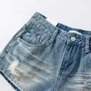 Shorts jeans azuis rasgados estilo retrô americano para mulheres, novos de verão justos slim-fit elásticos hot pants