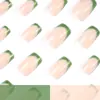 Set de Uñas Artísticas Transfronterizo Europeo y Americano de 24 Piezas, Sencillo y Elegante, Diseño Francés Verde Fresco, Uñas Postizas Rectangulares de Longitud Media al por Mayor